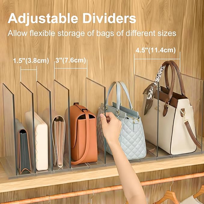 Bag & Purse Organizer for Closet: Adjustable Clear Handbag Storage Shelf - Plastic Clutch Dividers for Closet Organizers and Storage - Keep Carteras & Pocketbook Upright 3 Pack - 11Dividers