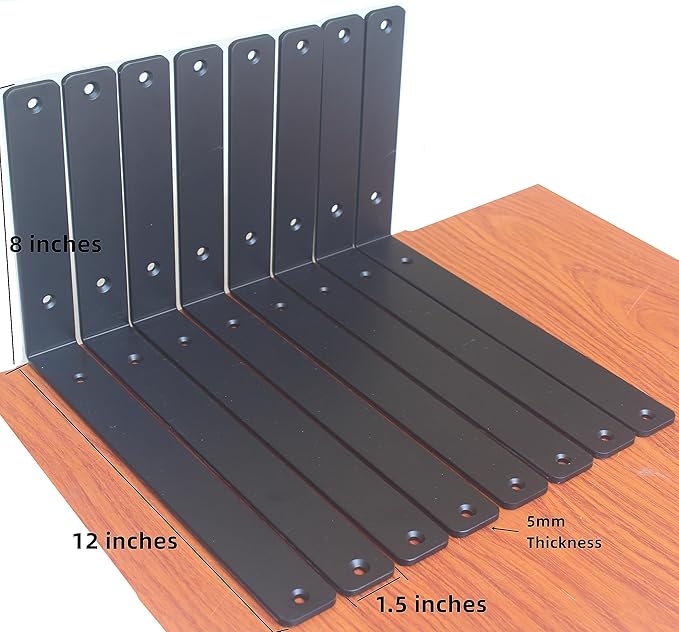20 Pack - L 12" x H 8" x W1.5, 5mm Thick Black L Shelf Bracket, Iron Shelf Brackets, Metal Shelf Brackets, Floating Shelf, Shelf Supports with Screws