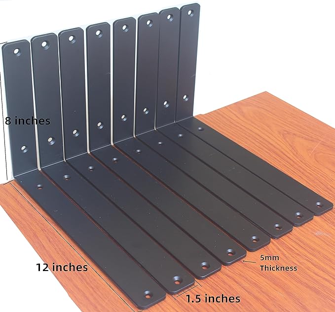 4 Pack - L 12" x H 8" x W1.5, 5mm Thick Black L Shelf Bracket, Iron Shelf Brackets, Metal Shelf Brackets, Floating Shelf, Shelf Supports with Screws