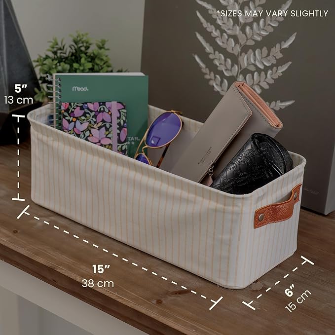OrganiHaus Narrow Fabric Storage Baskets 2 Pack, Narrow Storage Bins for Shelves, Closet Storage Bins for Pantry Entryway Bathroom, Cloth Canvas Basket, White/Brown
