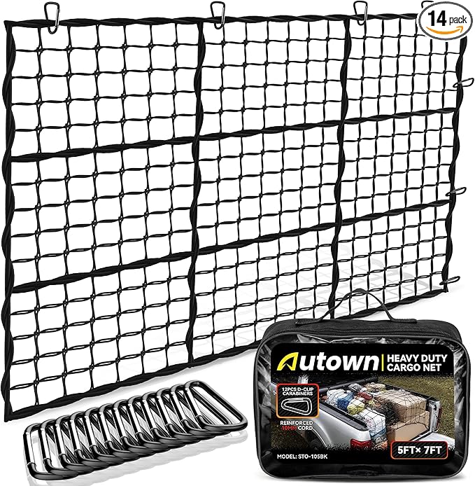 AUTOWN Cargo Net for Pickup Truck Bed - Stretchable 5' x 7' to 10' x 14' with 4" x 4" Mesh, Heavy Duty 10mm Cord Bungee Bed Netting with 12 Metal Carabiners - Ideal for ATV, SUV, UTV and Truck