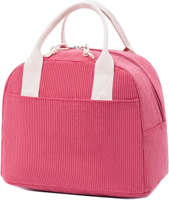 LOVELYWIND Insulated Lunch Bag for Women Men, Stylish Corduroy Tote Bag with Aluminum Lining, Large Capacity Reusable Cooler for Work, Travel, or Beach, Raspberry Pink Lunch Box