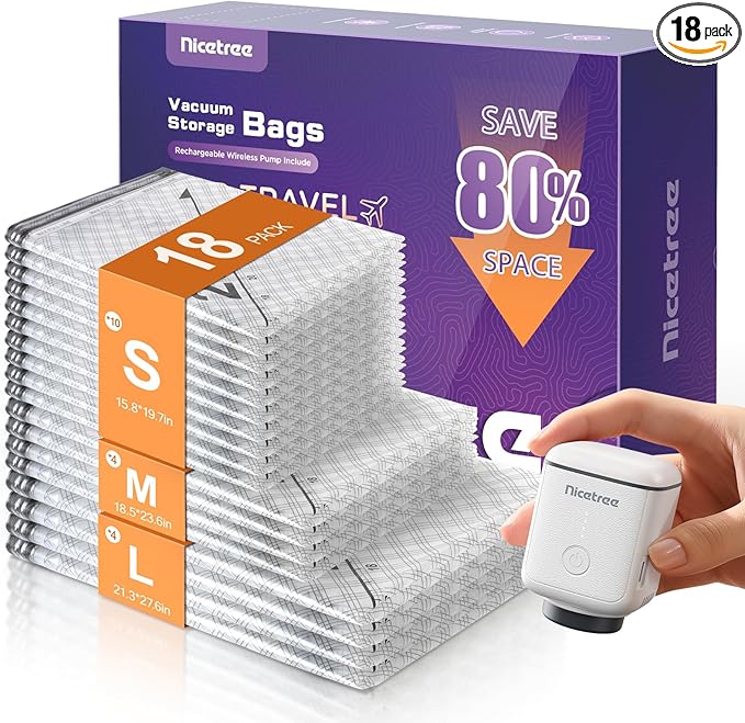 Nicetree 18-Pack Vacuum Storage Bags with Rechargeable Cordless Pump | 3 Sizes (20", 24", 28") Travel Vacuum Seal Bags for Clothing, Bedding & Seasonal Storage | Space Saver for Luggage