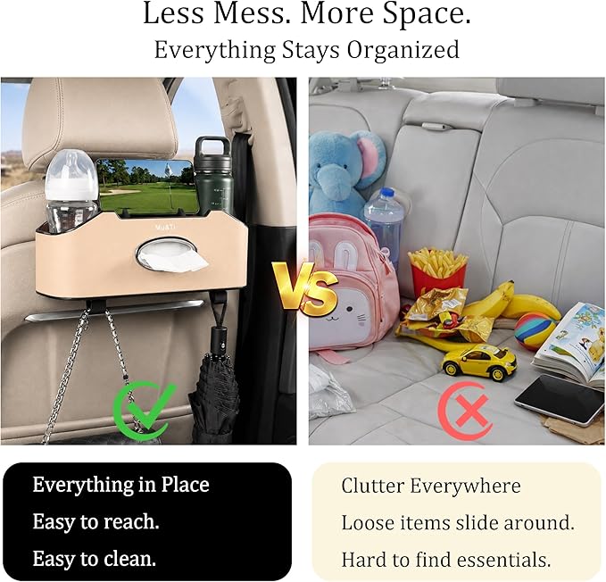 Mu&Ti Back Seat Car Organizer,4+2 in 1 Multifunctional Car Back Seat Storage Box with 2 Cup Holders, Tissue Box and Hook - Ideal for Kids and Travel(Beige)