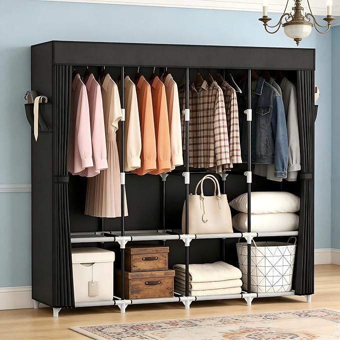 VTRIN Portable Closet for Hanging Clothes 67 Inch Wide Large Capacity Portable Wardrobe Closet with Cover, 4 Storage Shelves and 4 Hanging Rod Sturdy Free Standing Closet for Bedroom, Black
