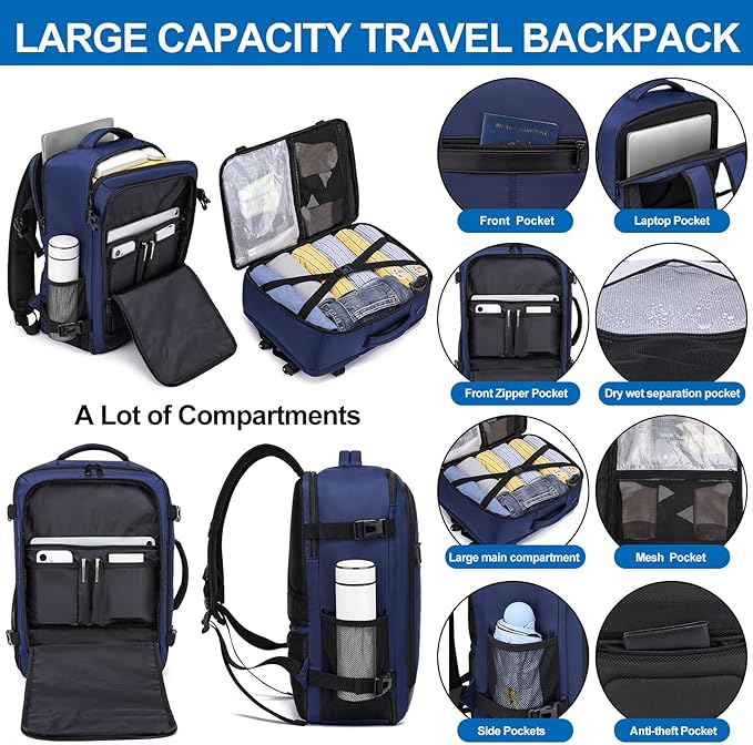 Travel Backpack for Men,Carry On Backpack with Shoe Pouch, TSA 15.6" Laptop Back Pack Flight Approved, College Gym Bag Casual Daypack for Weekender Business Hiking,Bookbag Travel Essentials,Blue