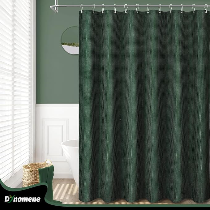 Dynamene Stall Fabric Shower Curtain - 60 x 84 inch Long Waffle Weave Weighted Thick Cloth Shower Curtains for Bathroom, Neutral Heavy Duty Hotel Spa Luxury Bath Curtain Set with 10 Hook, Dark Green