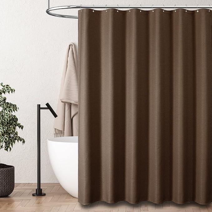 Dynamene Extra Wide Shower Curtain - 84 Inch Wide Waffle Weave Weighted Thick Cloth Bathroom Shower Curtain, Neutral Heavy Duty Hotel Bath Curtain Set with 14 Plastic Hooks, 84x72, Brown