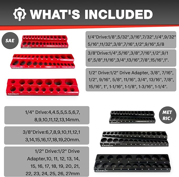 EACELIY 6-Piece Magnetic Socket Organizer Set, 1/2", 1/4" and 3/8" SAE & Metric Deep & Shallow Socket Holder Kit, holds 141 stanard Sockets, attaches to steel box/tool cart (sockets not included)