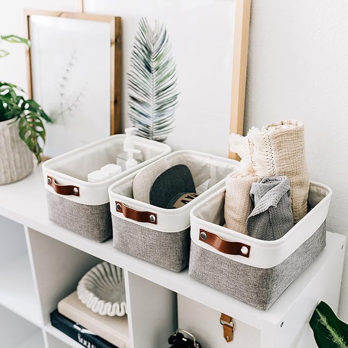 OrganiHaus Small Fabric Storage Baskets 3 Pack, 12x8in Cloth Storage Bins for Shelves, Small Baskets for Organizing Bathroom Pantry Closet, Canvas Shelf Baskets, Gray/Off-White