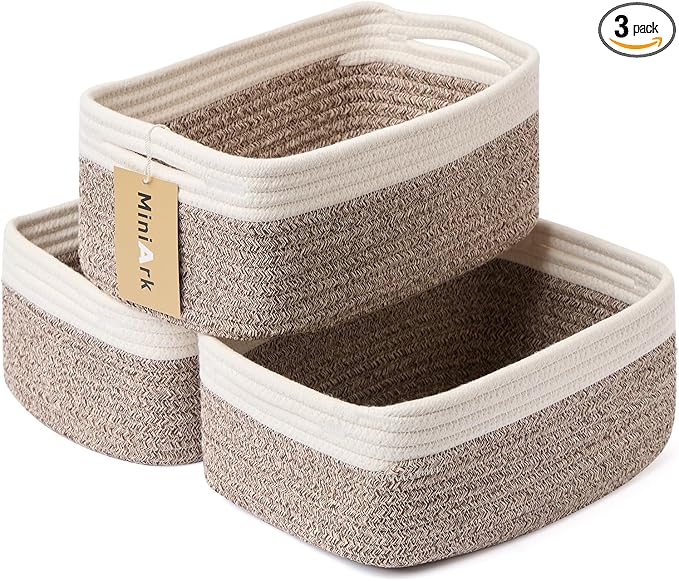 MiniArk Small Storage Baskets for Organizing | Closet Organizer Bins | Shelf Toy Basket | Woven Rope Baskets | Cube Decorative Box | Shallow Basket | 13x8.5x5.1” | 3 Packs White Brown