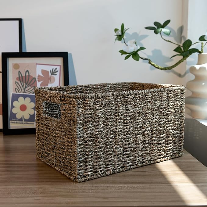 StorageWorks Wicker Storage Basket for Organizing, Medium Seagrass Storage Baskets with Built-in Handles for Pantry, Shelves,2-Pack
