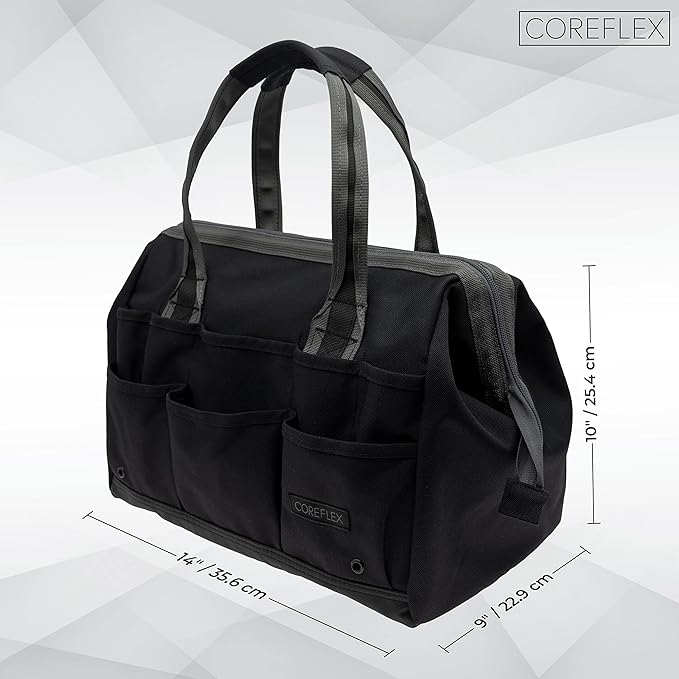 Coreflex 14 inch Wide-Mouth Tool Bag, Gear Bag, Multiple Purpose - for Plumbers, Electricians, Handymen also good for daily use, office use and camping. (Black)