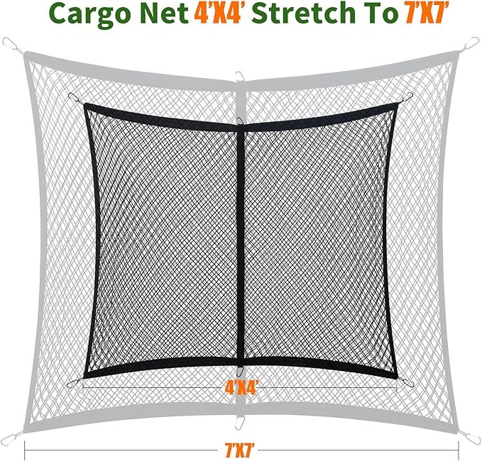 Cargo Net for Pickup Truck Bed, Double Layer Truck Bed Net, Suitable for Daily Light Loads of Trucks, 4'x4' Stretches to 7'x7', with 6 Metal Carabiners