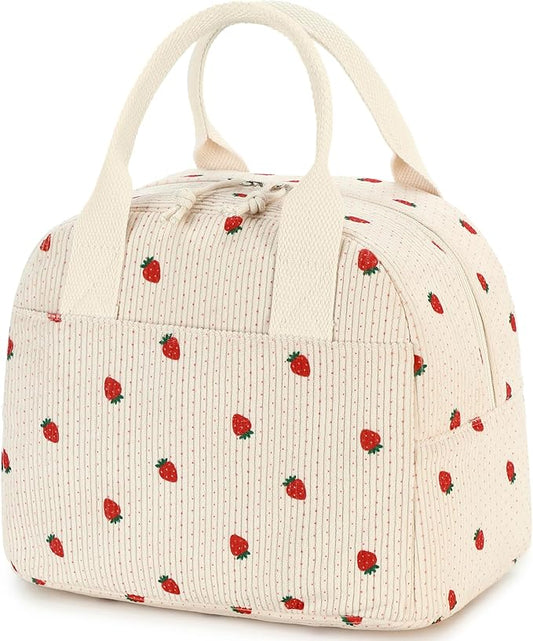 LOVELYWIND Insulated Strawberry Lunch Bag for Women, Stylish Corduroy Tote with Aluminum Lining, Large Capacity Reusable Cooler for Work, Travel, Beach or Picnic, Beige Cream Water-Resistant Lunch Box