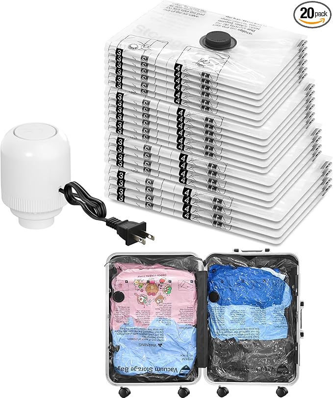 Vacuum Seal Bags for Clothing Travel and Home Storage, Travel Vacuum Bags with Electric Pump, Space Saver Compression Packing Cubes for Luggage Suitcase Bedding Blankets Clothes, 20 Combo