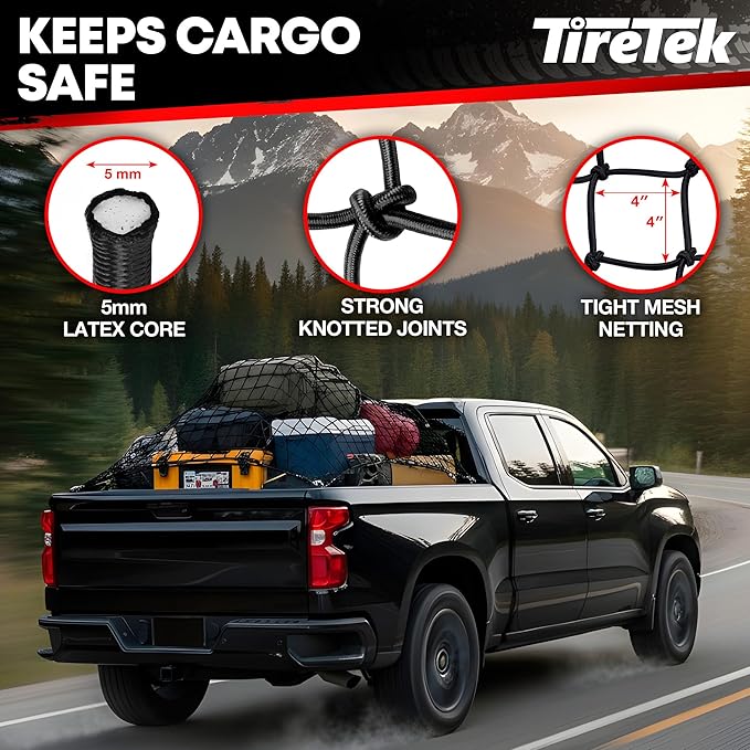 Cargo Net for Pickup Truck Bed (4'x6' Stretches to 8'x12') Double Thick Heavy Duty Truck Bed Net for Dad & Husband - 12 Metal Carabiners, Bungee Mesh Accessory with Strap Hooks