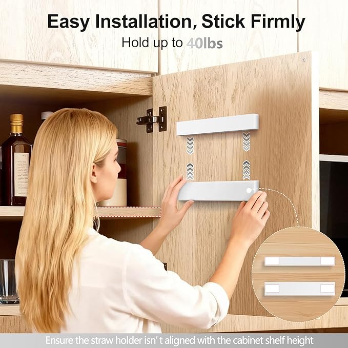 9.5” Large Acrylic Straw Holder for Cabinet Door, Reusable Adjustable Two-Part Straws Organizer with Ultra Sticky Adhesive Strips, 2026 Straw Storage for Kitchen Cupboard