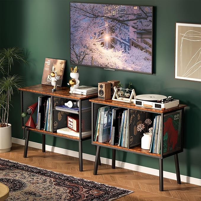Record Player Stand with Adjustable Divider Vinyl Storage Holder Up to 200 Albums Mid-Century Large Record Player Table Vinyl Holder Turntable Stand End Table for Bedroom & Living Room, Patent Pending