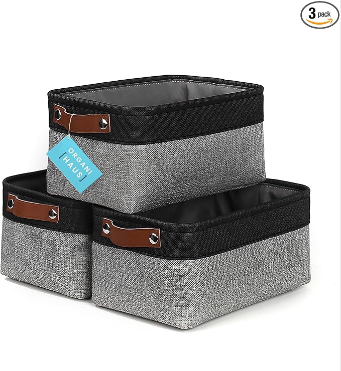 OrganiHaus Small Fabric Storage Baskets 3 Pack, 12x8in Cloth Storage Bins for Shelves, Small Baskets for Organizing Bathroom Pantry Closet, Canvas Shelf Baskets, Gray/Black