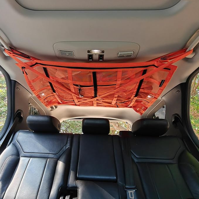 SUV Car Ceiling Cargo Net with Adhesive Straps,Double-Layer Mesh Car Roof Net Storage for Truck, Van,Travel Long Road Trip Camping Interior Accessories 39.3 X 23.6 Inch,Orange