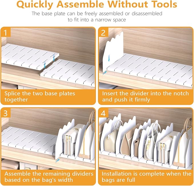 Ronlap Purse Storage Organizer for Closet, White Closet Bag Storage Dividers Rack Shelf Purse Dividers for Closet Organization Handbag Separators Closet Purse Organizers and Storage, 2 Pack, White