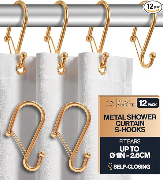 12 Decorative Metal Shower Curtain Hooks, S-Shaped Hooks with Anti-Fall System, Rust-Proof Shower Rings with Safety Buckle, Fits Rods Up to 1-Inch Diameter (S, Gold)