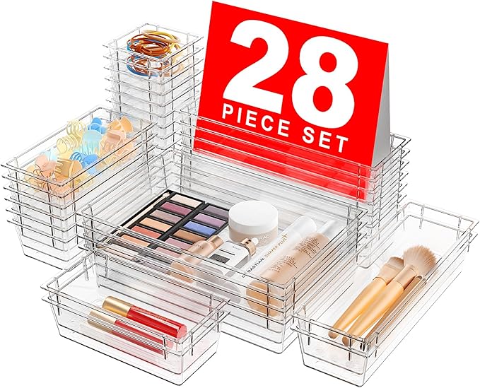 【28pcs】 【5size】 Drawer Organizer, Makeup organizer, 【Holds 177 Items】 Bathroom Organizers and Storage, Plastic Desk Organizer Divider, Organizer Bins(5size)(Transparent) A-LuGei