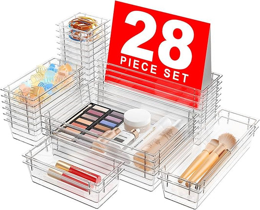 【28pcs】 【5size】 Drawer Organizer, Makeup organizer, 【Holds 177 Items】 Bathroom Organizers and Storage, Plastic Desk Organizer Divider, Organizer Bins(5size)(Transparent) A-LuGei