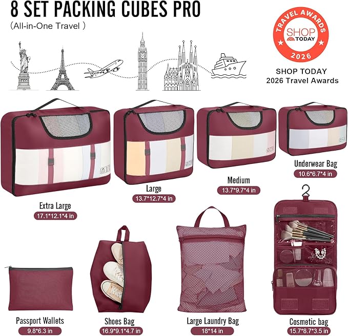 Veken 8 Set Packing Cubes for Travel Essentials, Gifts for women, Suitcase Organizer Bags in 4 Sizes, Carry-On Luggage Accessories with Large Laundry & Shoes Bag, Must-Have for Airplane