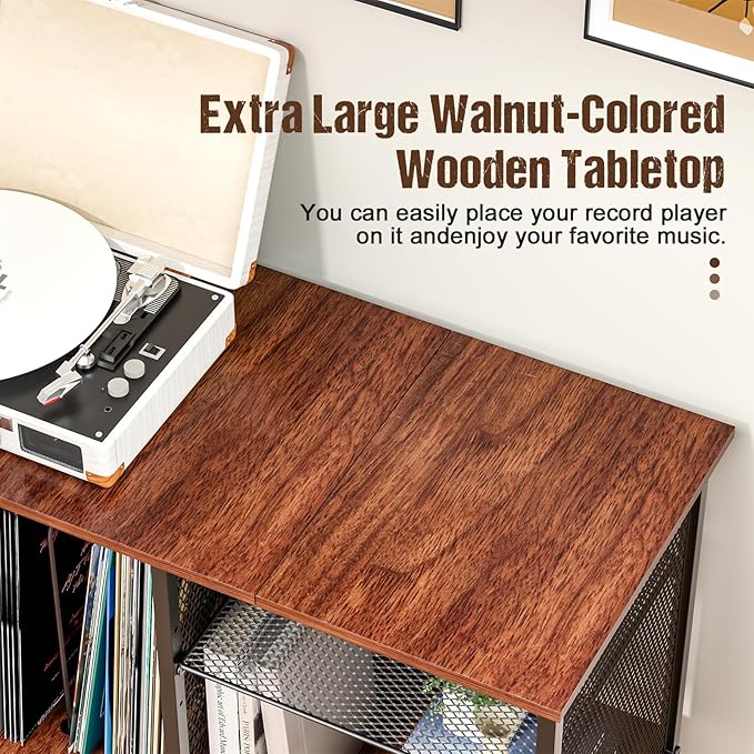 Record Player Stand with Adjustable Divider Vinyl Storage Holder Up to 200 Albums Mid-Century Large Record Player Table Vinyl Holder Turntable Stand End Table for Bedroom & Living Room, Patent Pending