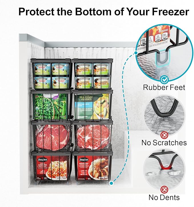 iSPECLE Chest Freezer Organizer Bins - Fits 7 Cu.Ft Deep Freezer, 6 Pack Stackable Wire Baskets(14.7" Length), Heavy Duty Coated Freezer Organizer, Rust Resistant for Frozen Food Sorting, Black