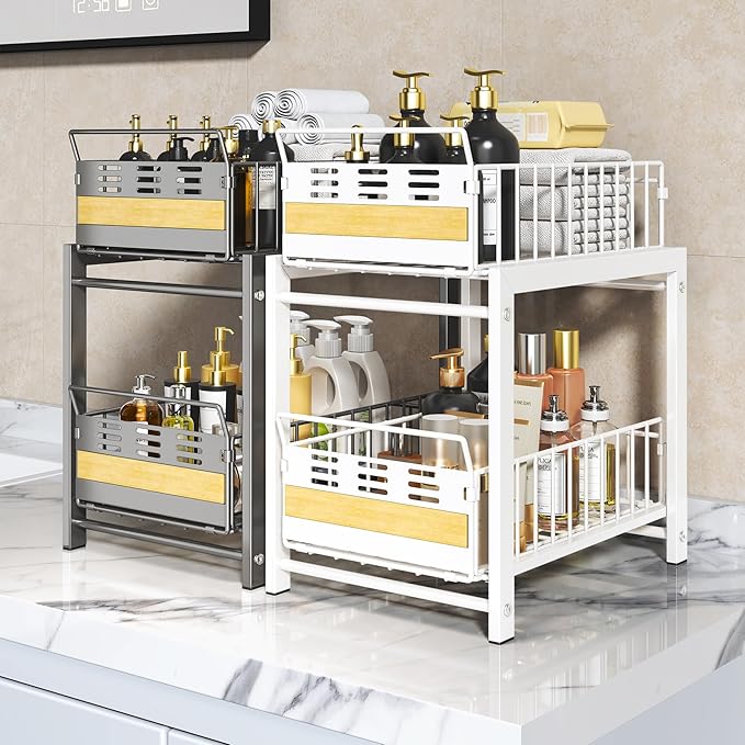 Under Sink Organizer, 2-Tier Pull Out Cabinet Organizer with Heavy-Duty Carbon Steel Sliding Shelves, Stackable Multi-Purpose Storage Rack for Kitchen Pantry Bathroom with Movable Dividers, White