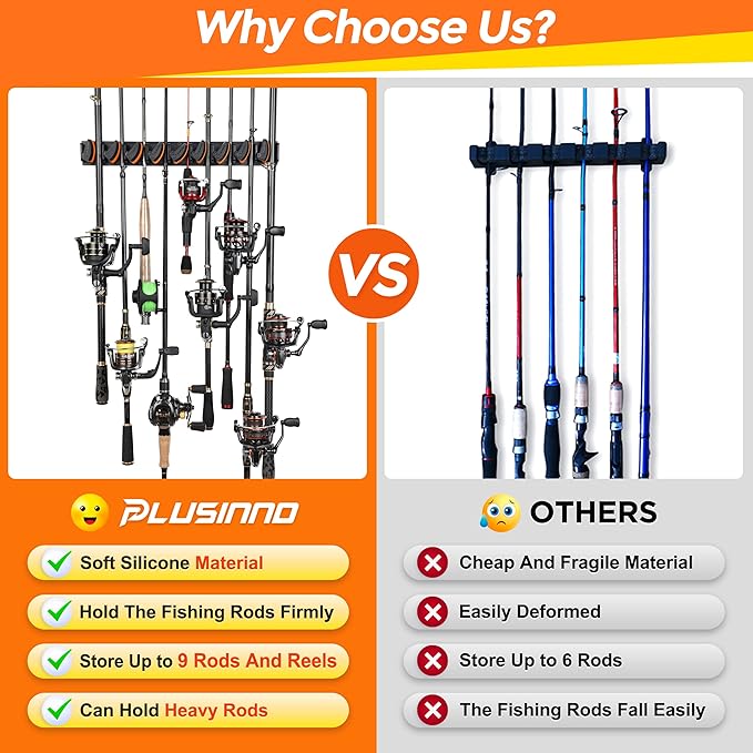 PLUSINNO V9 Vertical Fishing Rod Holders, 2 Packs Wall Mounted Fishing Pole Holders, Fishing Rod Racks Hold Up to 18 Rods or Combos, Fishing Pole Holders for Garage, Fishing Gear and Gifts for Men