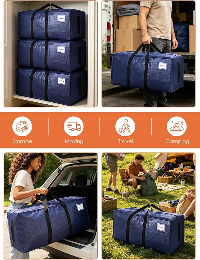 SWEET DOLPHIN 12 Pack 200LB Heavy-Duty Moving Bags with Wrap-Around Handles, Extra Large Storage Totes for Space Saving, Clothes Storage Bags, College Dorm Essentials, Blue, 24 Gal