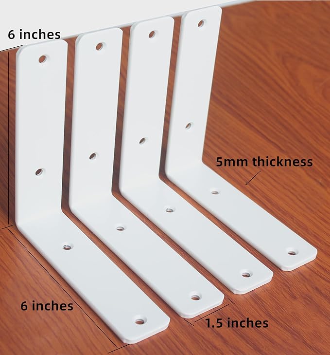 6 Pack - L 6" x H 6" x W1.5, 5mm Thick White L Shelf Bracket, Iron Shelf Brackets, Metal Shelf Brackets, Floating Shelf, Shelf Supports with Screws