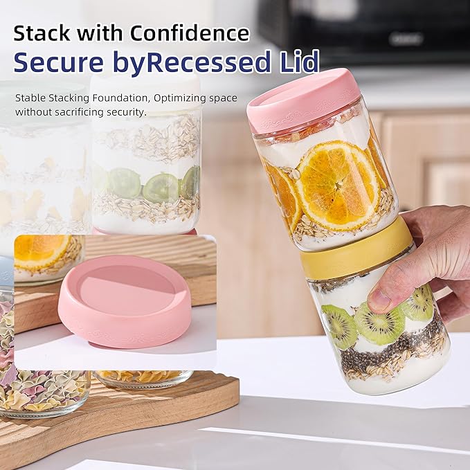 16 OZ Overnight Oats Jars with Lids 8 Pack, Glass Meal Prep Containers, Reusable Food Storage Jars, Airtight Mason Jars for Breakfast, Yogurt Parfait, Salad, Smoothies(8 Pack)
