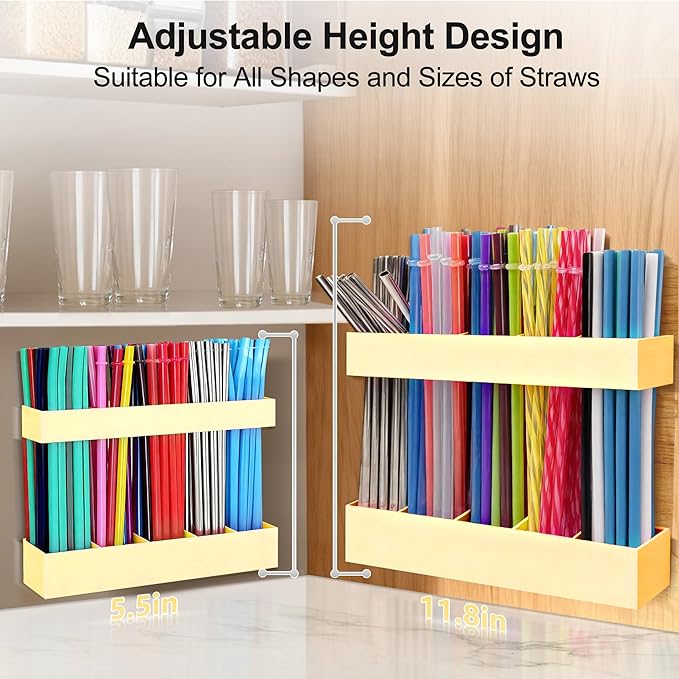9.5” Large Acrylic Straw Holder for Cabinet Door, Reusable Adjustable Two-Part Straws Organizer with Ultra Sticky Adhesive Strips, 2026 Straw Storage for Kitchen Cupboard