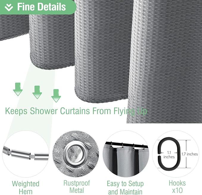 Dynamene 60 inch Stall Shower Curtain - Waffle Weave Heavy Duty Thick Fabric Shower Curtains for Bathroom,Weighted Hotel Spa Luxury Cloth Bath Curtain Set with 10 Plastic Hooks,60x72, Grey/Gray