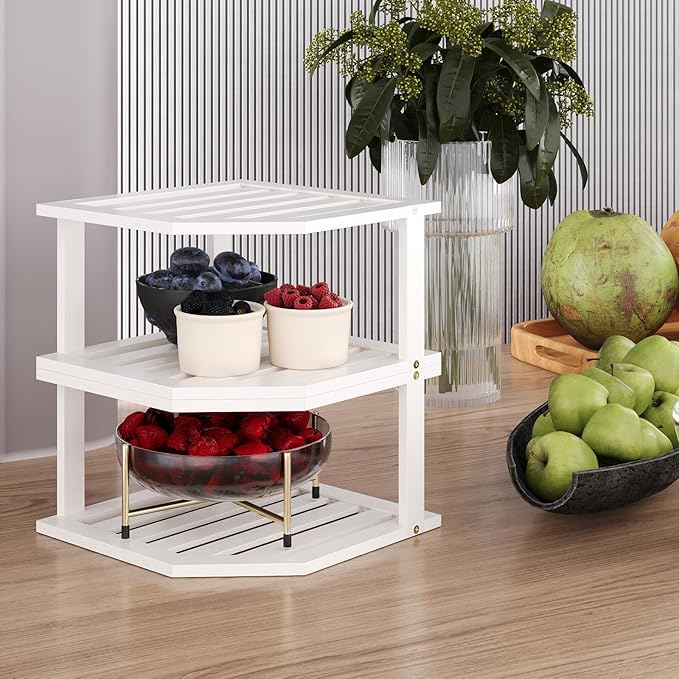 Bamboo Corner Shelf(2 Pack),2 Tier Plate Organizer for Cabinet and Countertop,Pantry Dish and Spice Rack for Kitchen(White)