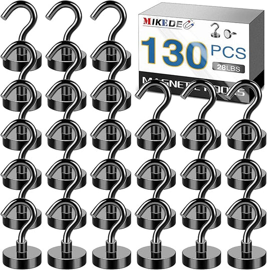 MIKEDE Black Magnetic Hooks Heavy Duty, 30Lbs+ Strong Neodymium Magnets with Metal for Refrigerator,Super Cruise Hanging, Kitchen, Storage - Pack of 130