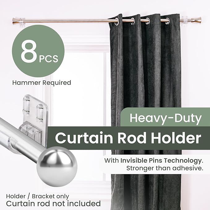 No Adhesive Heavy Duty Curtain Rod Holders with Wide Hook, 5X Stronger Than Adhesive Curtain Rod Hooks,Tension Curtain Rod Bracket for Wall with Pin Guide, Curtain Wall Mount (8 Pack, for 1.25" Rods)