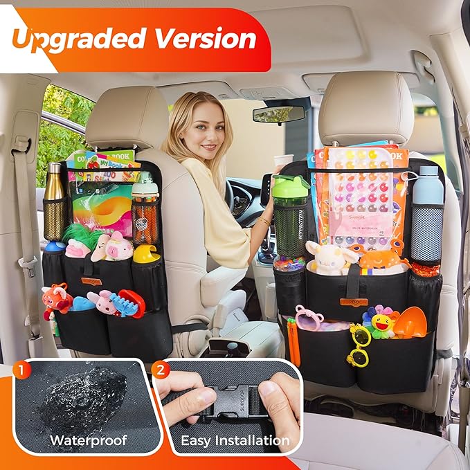 SURDOCA Upgraded Car Organizer with 11-inch Tablet Holder, 8 Pockets, Car Seat Protector for Road Trips - Car Storage and Organizers for Kids, Grey 1PC