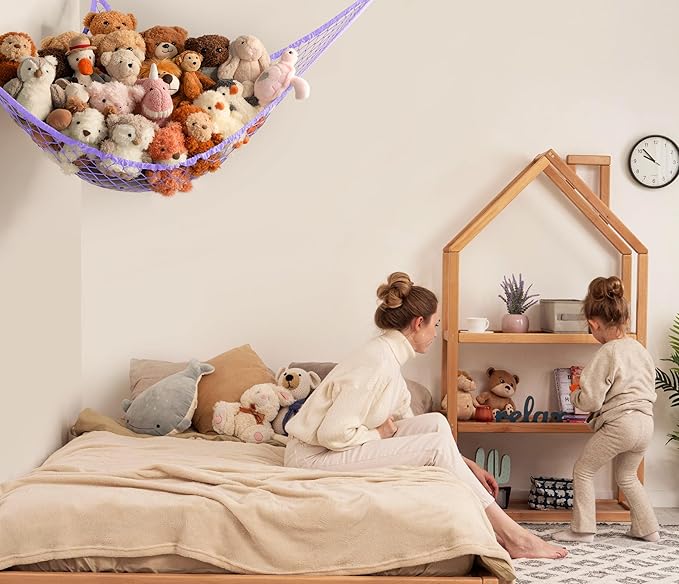 Stuffed Animal Storage Hammock Net Corner - Large Toy Hammock Net for Stuffed Animals Room Decor - Cute Stuff Animal Organizer Holder for Plush Plushie - Kids Baby Nursery Wall Bedroom Home Decor