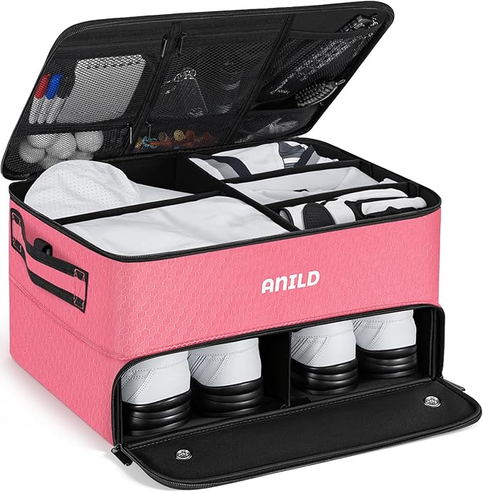 ANILD Golf Trunk Organizer, 2 Layer Golf Storage Case with Separate Ventilated Compartment for 2 Pair Shoes, for Balls, Tees, Clothes, Gloves, Accessories, Golfer Gifts