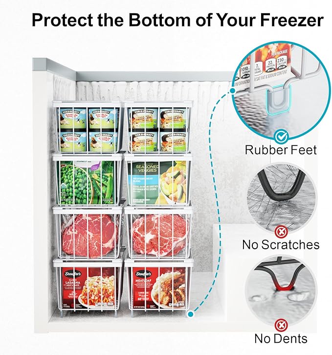 iSPECLE Chest Freezer Organizer Bins - Fits 7 Cu.Ft Deep Freezer, 3 Pack Stackable Wire Baskets(14.7" Length), Heavy Duty Coated Freezer Organizer, Rust Resistant for Frozen Food Sorting, White