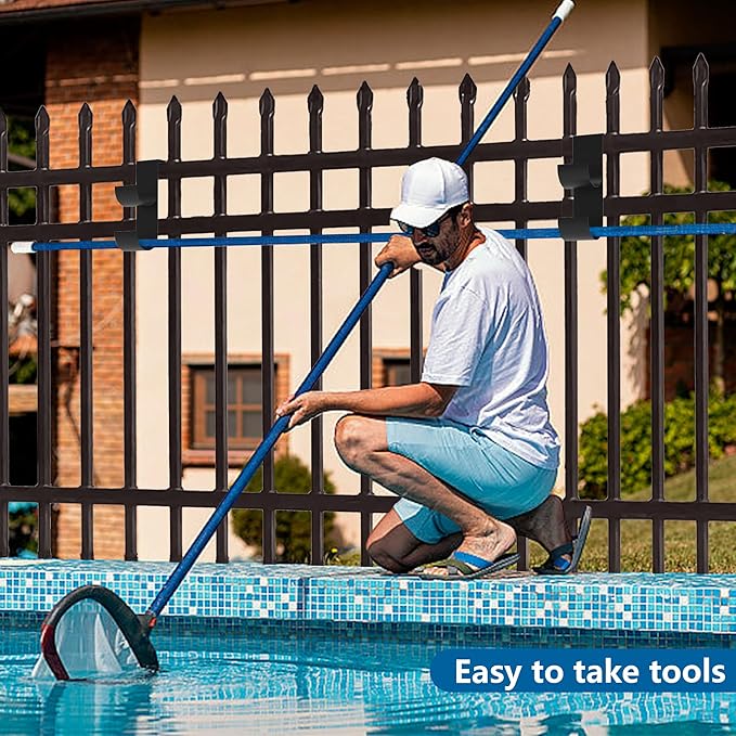codree 4 Pcs Pool Fence Hooks for Pool Equipment, Black Heavy Duty Fence Hooks for Pool Poles, Slipe-on Fences Hanger for Pools Hose Pools Skimmer, Fit 3/4 Inch to 1-1/4 inch Railing