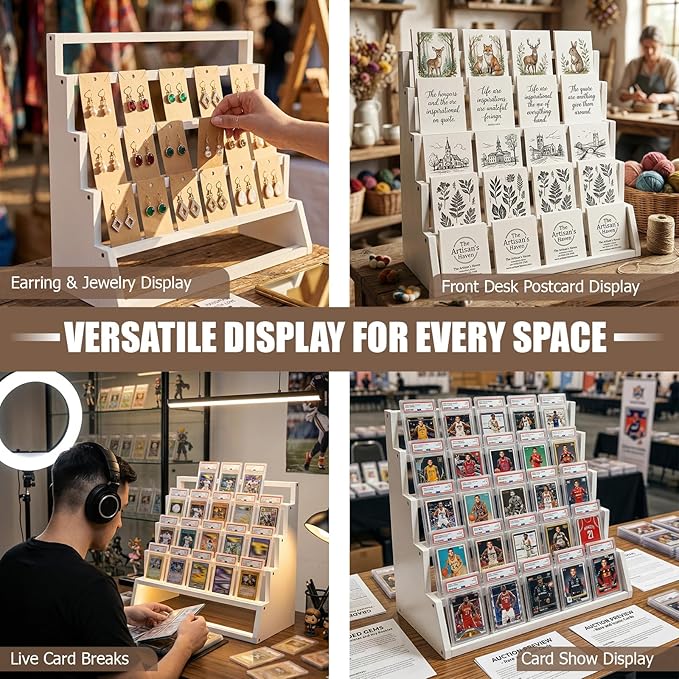 5 Tier Wooden Card Display Stand – Vertical Card Holder Display for Trading Cards, Game Cards, Sports Cards, Graded PSA/BGS/SGC, Baseball, Basketball&Football(Soccer) Card Stand, Desk & Shelf Organize,White