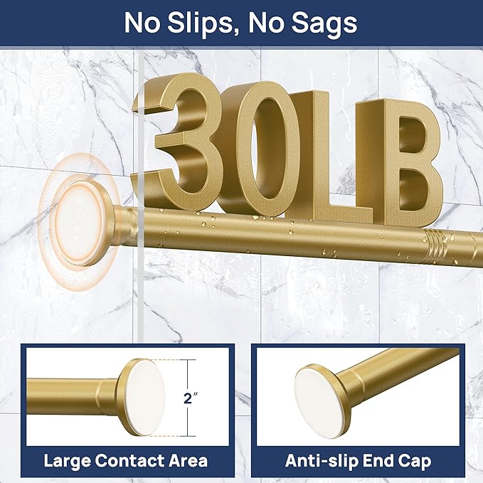 ENJOYBASICS Gold Shower Curtain Rod 30 to 76 Inches, 1 Inch Stainless Steel Adjustable Spring Tension Rods No Drill for Bathroom, Closet, Window, Room Divider, Never Rust, Non Slip