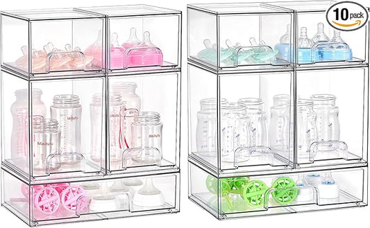 Vtopmart 10 Pack Clear Baby Bottle Organizer Set, Stackable Storage Drawers Ideal for Kichen Countertop, Vanity, Bathroom, Cabinet, Pantry Organization